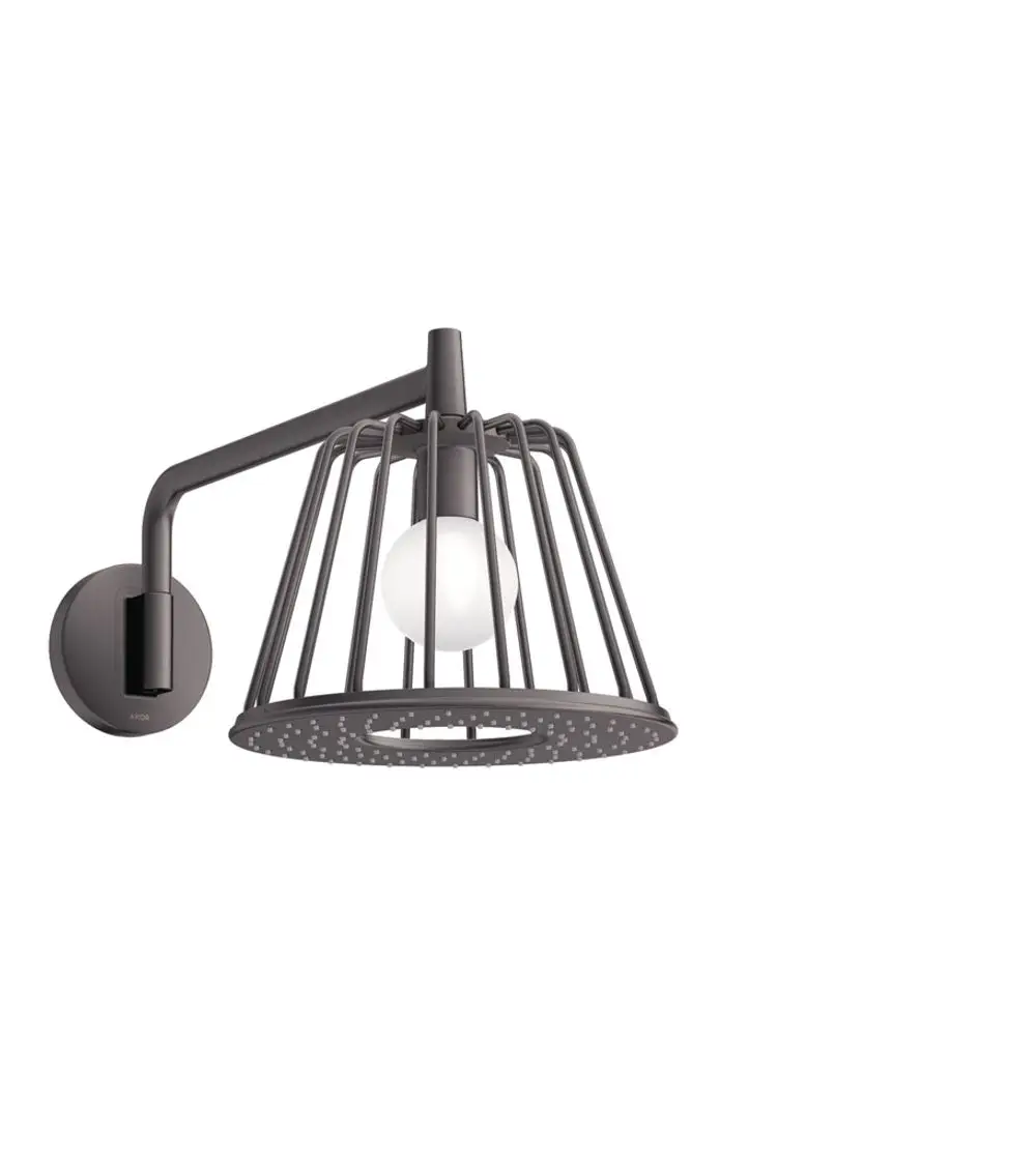 Wandlampe mit einem schlichten, metallenen Gestell in Brushed Black Chrome, ausgestattet mit einer runden LED-Lampe. Design von AXOR.